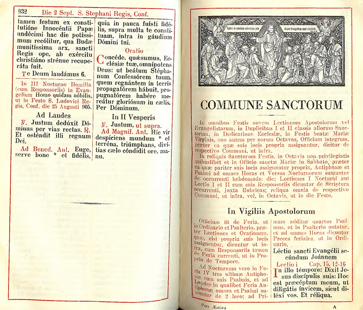 Sanktoral (Commune sanctorum) u ljetnom svesku (Pars aestiva) Rimskog brevijara iz 1927.